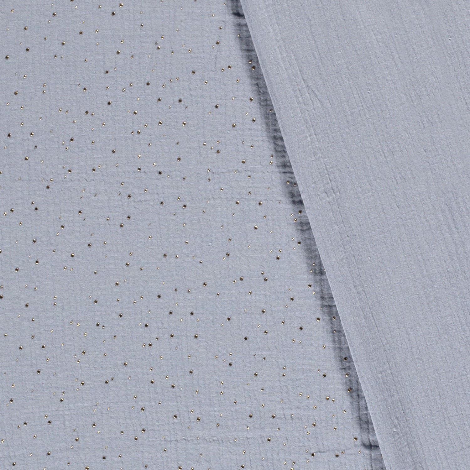 Dvojitá gázovina modrošedý 3D zlaté puntíky