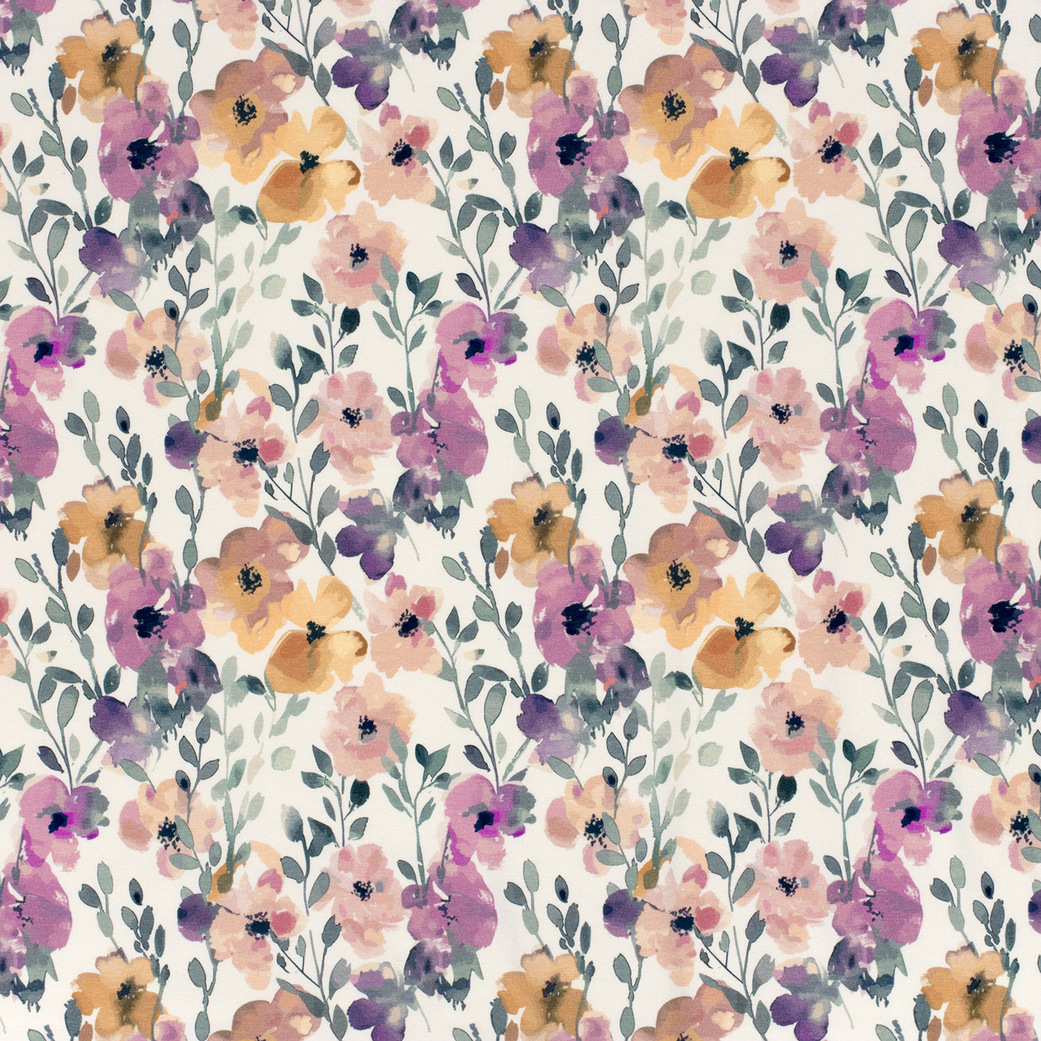 Úplet Pastelové akvarelové květy fialově-meruňkvo GOTS