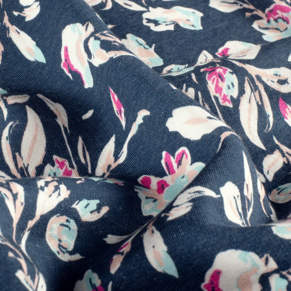 Počesaná teplákovina modrá Kytky