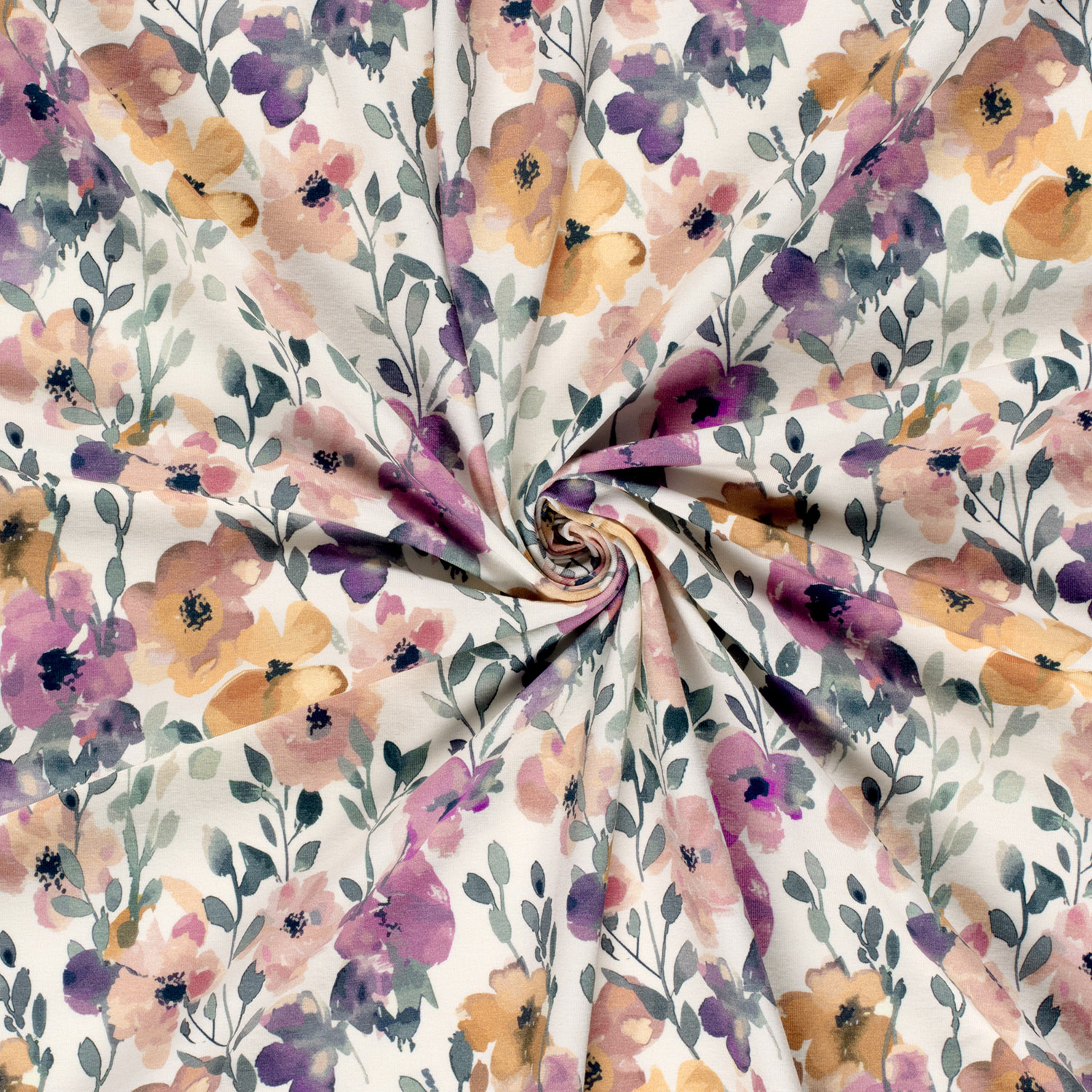 Úplet Pastelové akvarelové květy fialově-meruňkvo GOTS