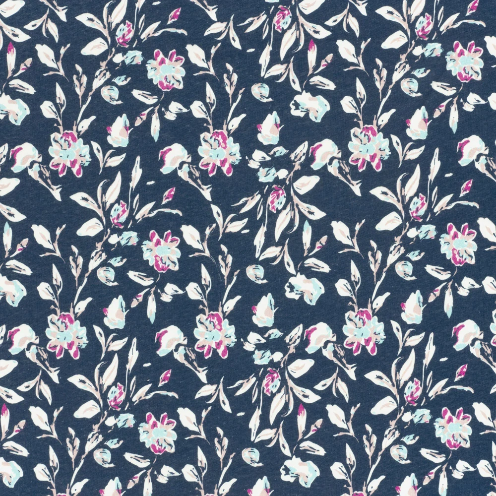 Počesaná teplákovina modrá Kytky