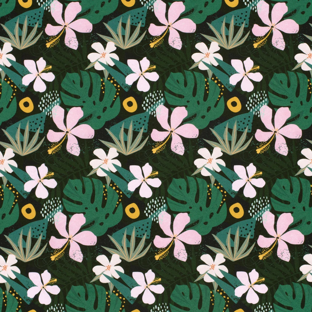 Teplákovina počesaná khaki Tropické květy