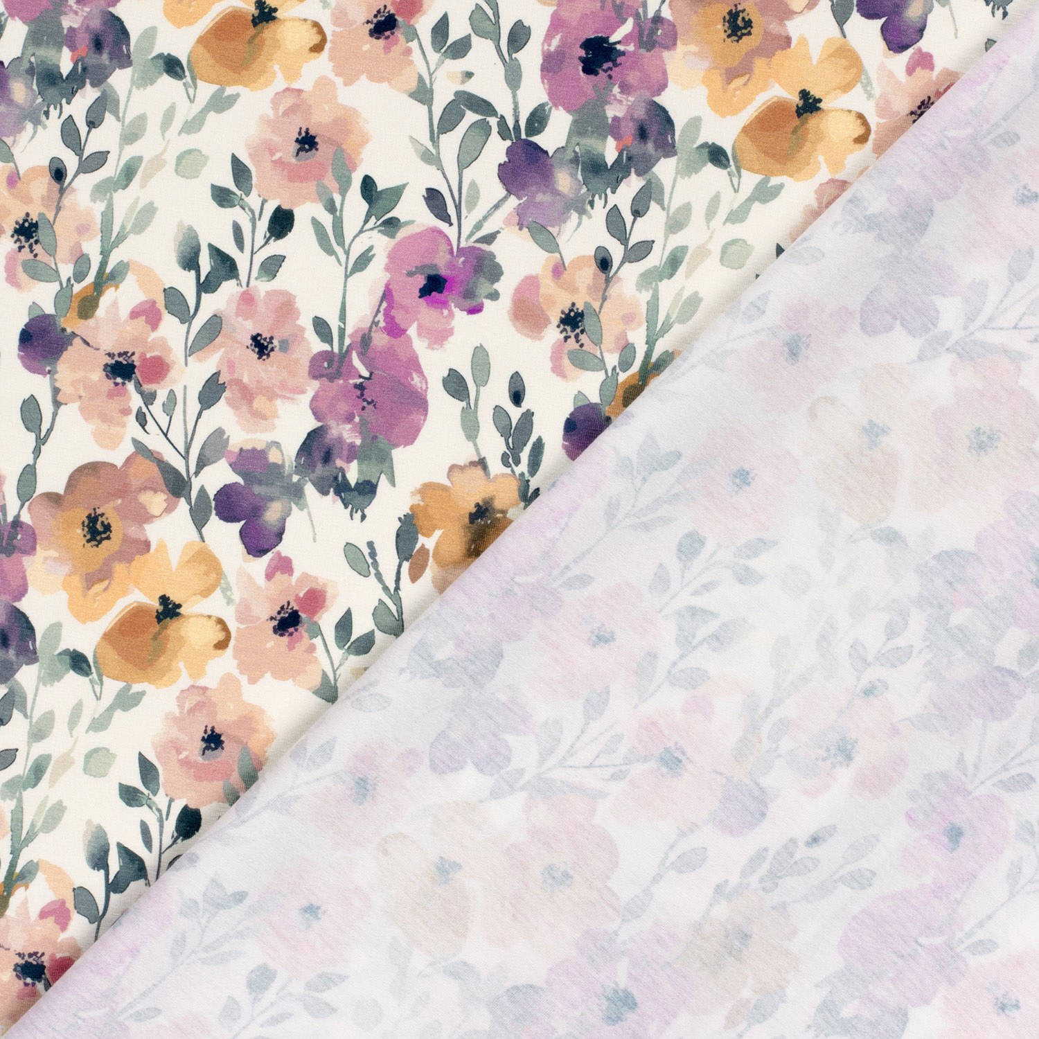 Úplet Pastelové akvarelové květy fialově-meruňkvo GOTS