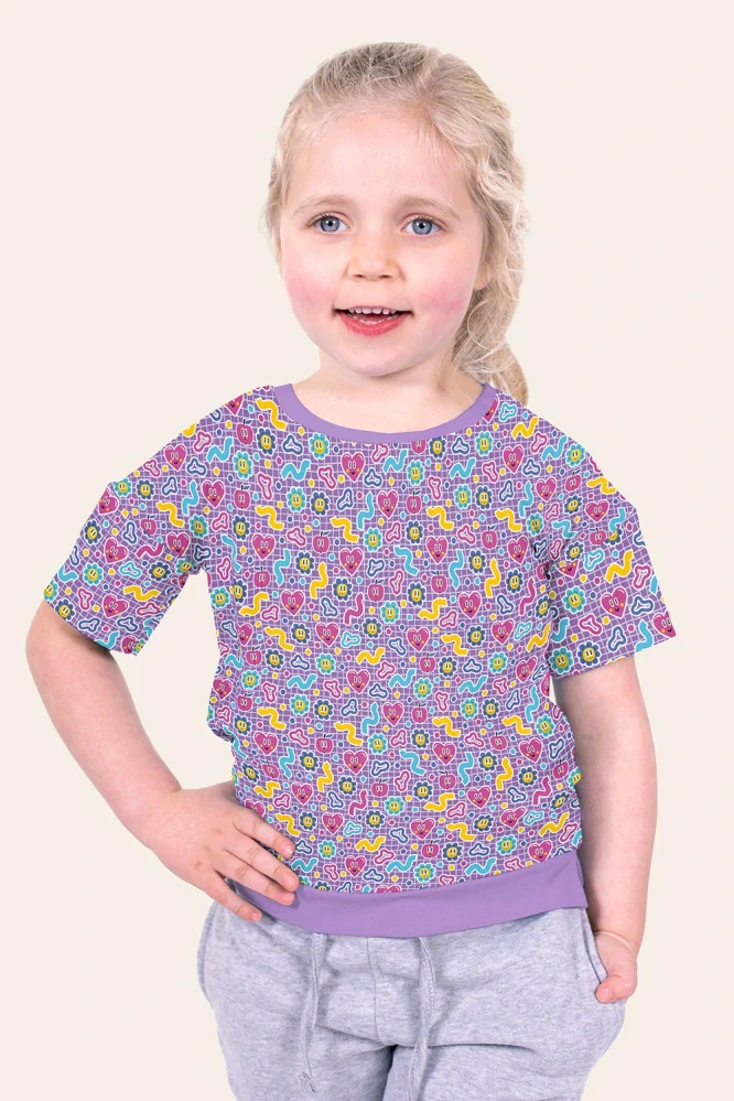 Úplet fialový Veselá srdíčka a květinky