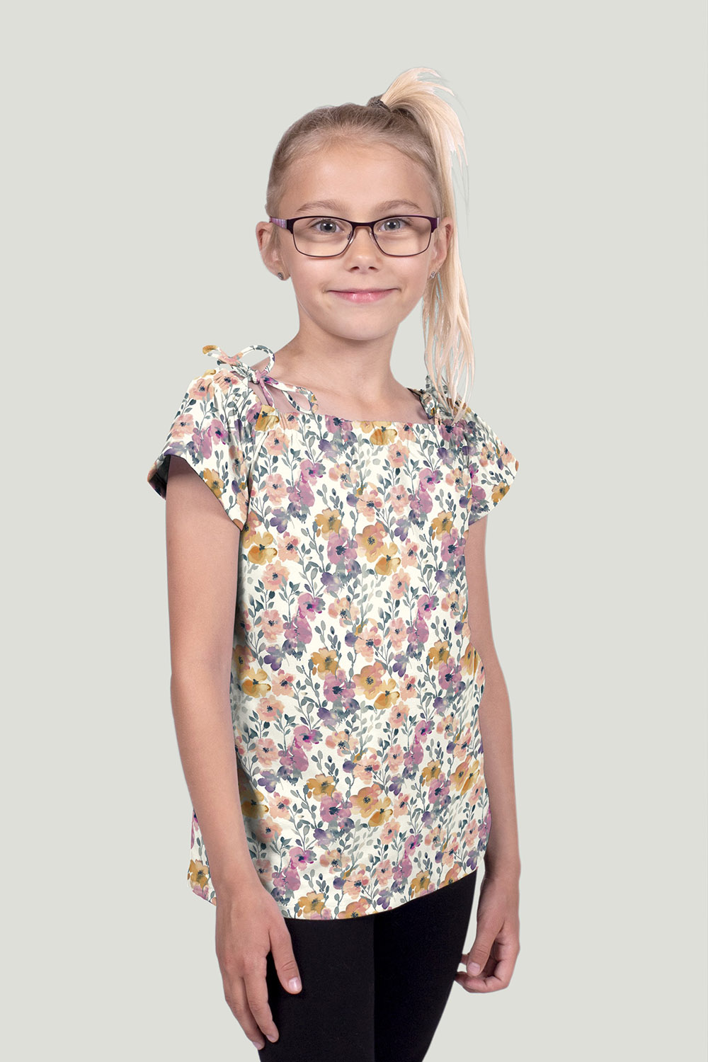 Úplet Pastelové akvarelové květy fialově-meruňkvo GOTS