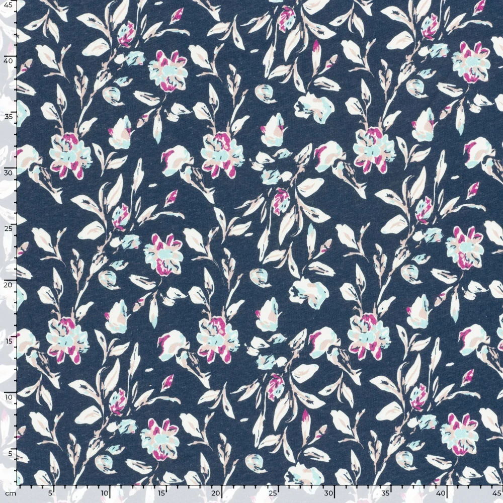 Počesaná teplákovina modrá Kytky