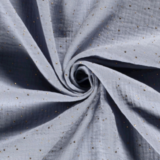 Dvojitá gázovina modrošedý 3D zlaté puntíky