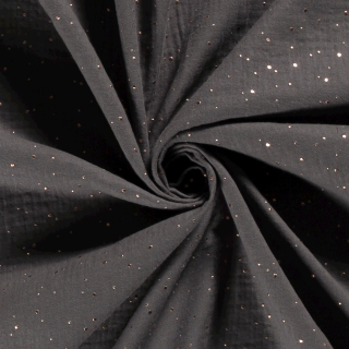 Dvojitá gázovina tmavě šedá 3D zlaté puntíky