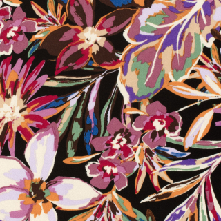 Viskózový satén černý Tropický květinový vzor 
