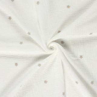 Dvojitá gázovina bílá Kytičky taupe